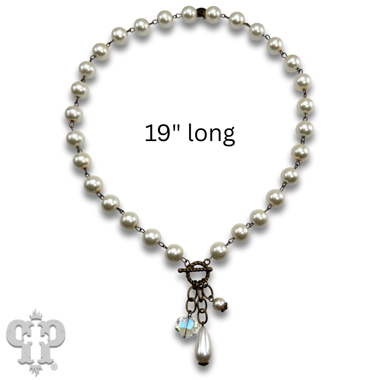 Linked glass pearl necklace with bead charms