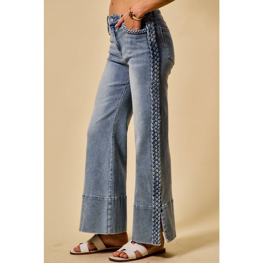 WIDE LEG FLARE DENIM JEANS WITH SIDE BRAIDS
