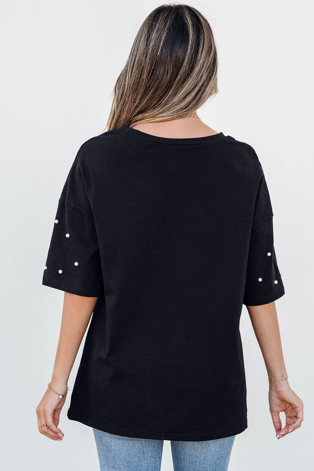 Pearl Beaded Drop Shoulder Crewneck T Shirt