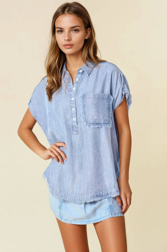 TENCEL DENIM FRAY DETAILED DOLMAN SHORT SLEEVE