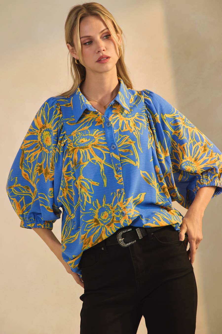 Bold Floral Printed Puff Sleeve Blouse