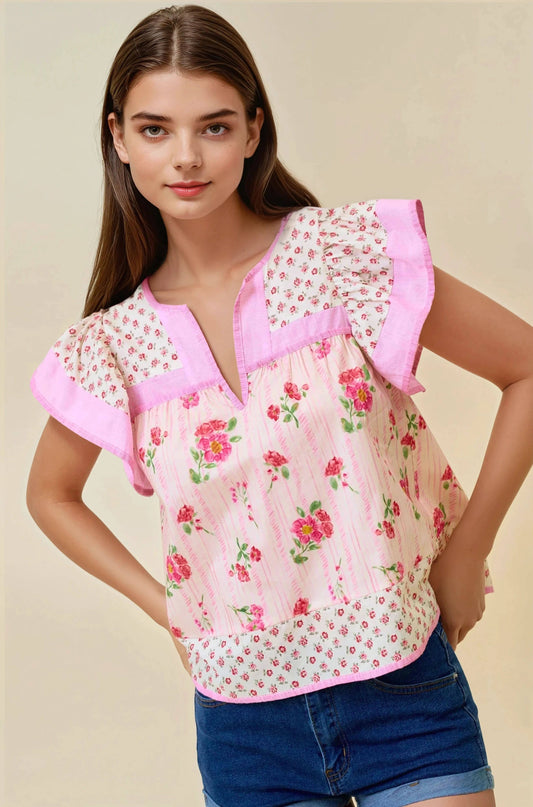 MIXED PRINT FLUTTER SLEEVE TOP