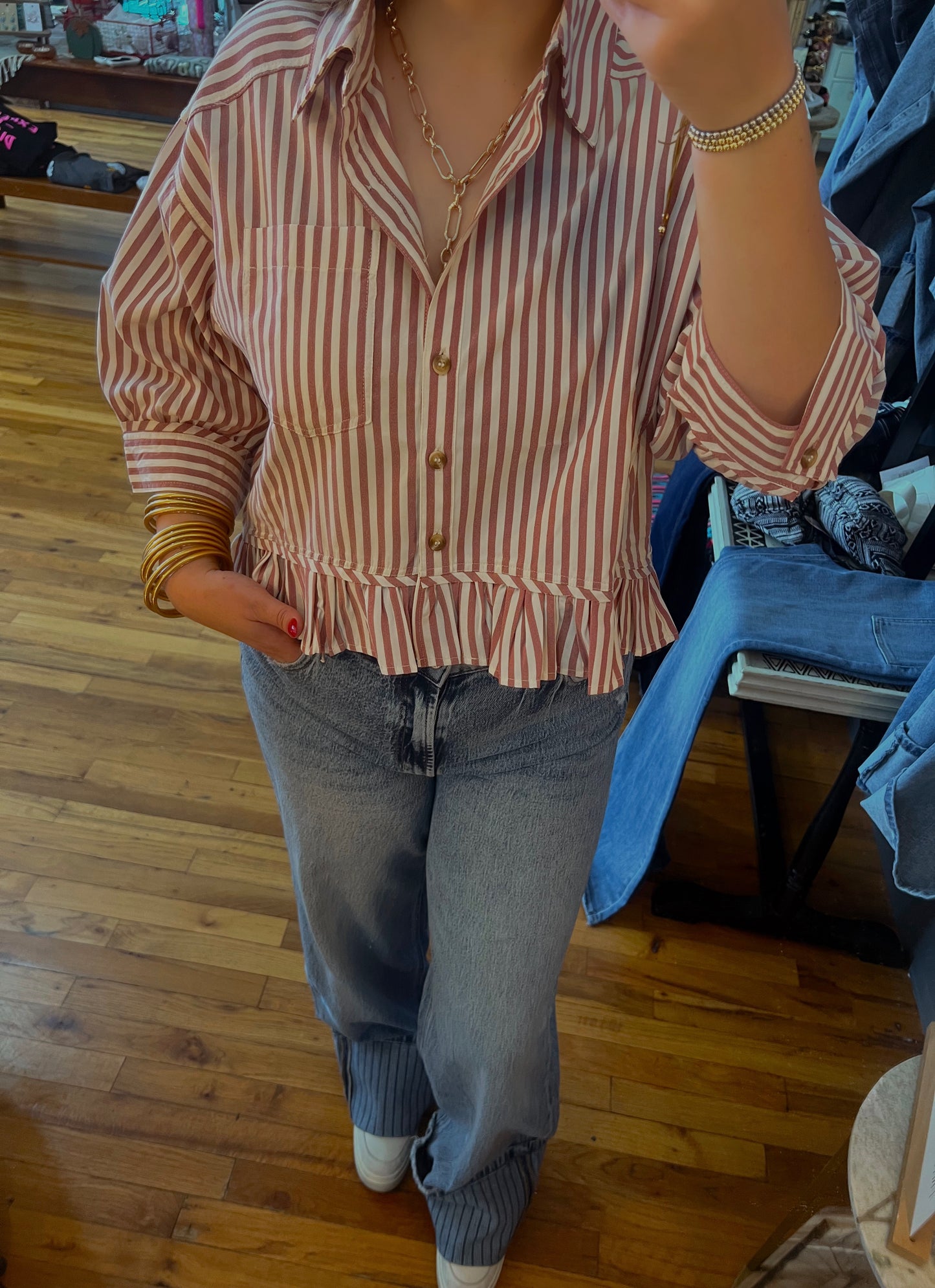 Stripped Ruffled Button up