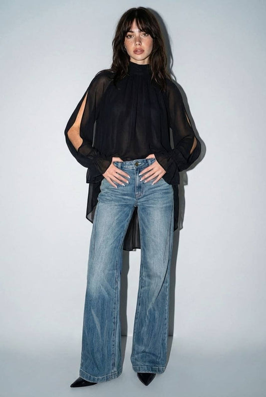 Chiffon Cold-Shoulder High-Low Top