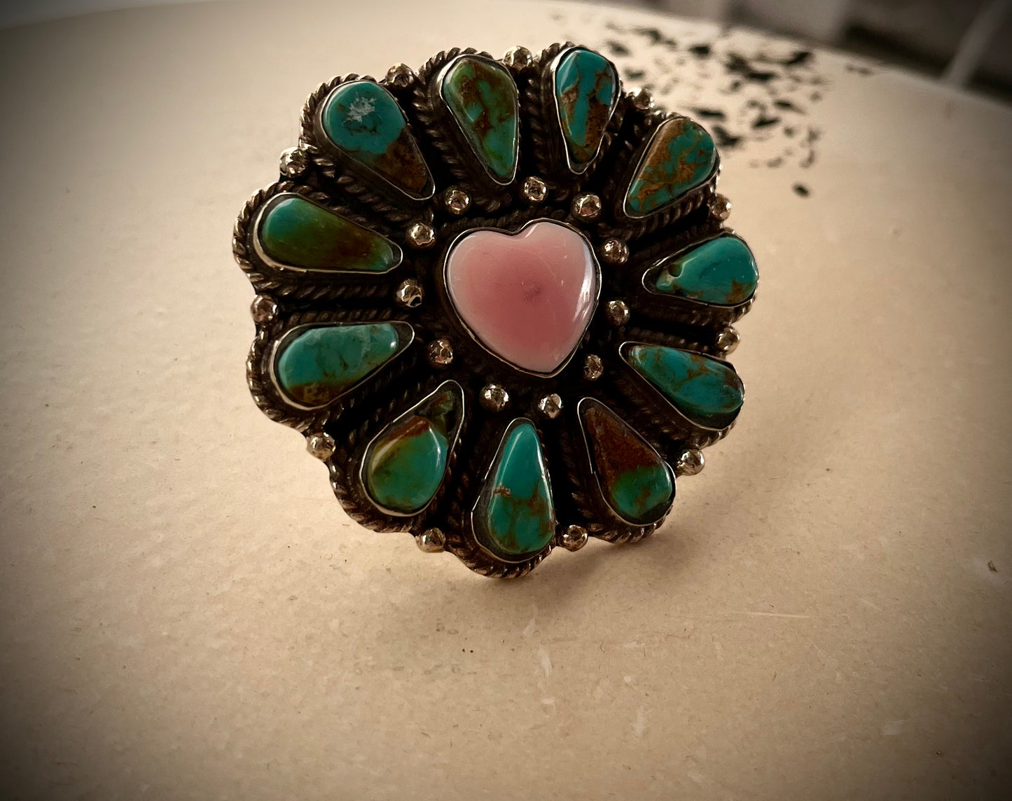 Turquoise and pink heart ring