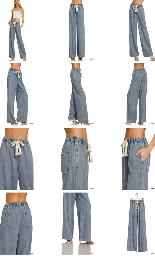 WIDE LEG DRAWSTRING ELASTIC WAISTBAND DENIM PANTS