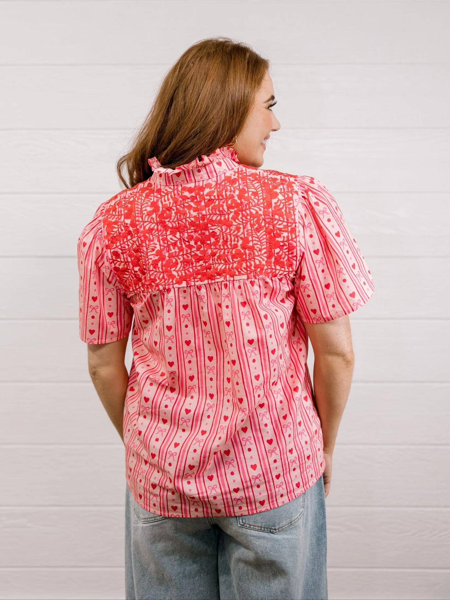 Pink & Red heart Embroidery Blouse
