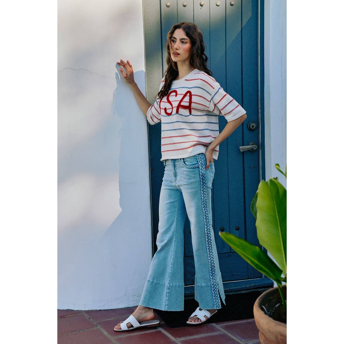 WIDE LEG FLARE DENIM JEANS WITH SIDE BRAIDS