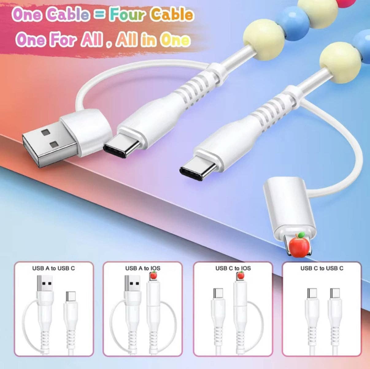 Pearl Ombré Multicolor Beaded 4-in-1 Beaded Fast Charging Cable