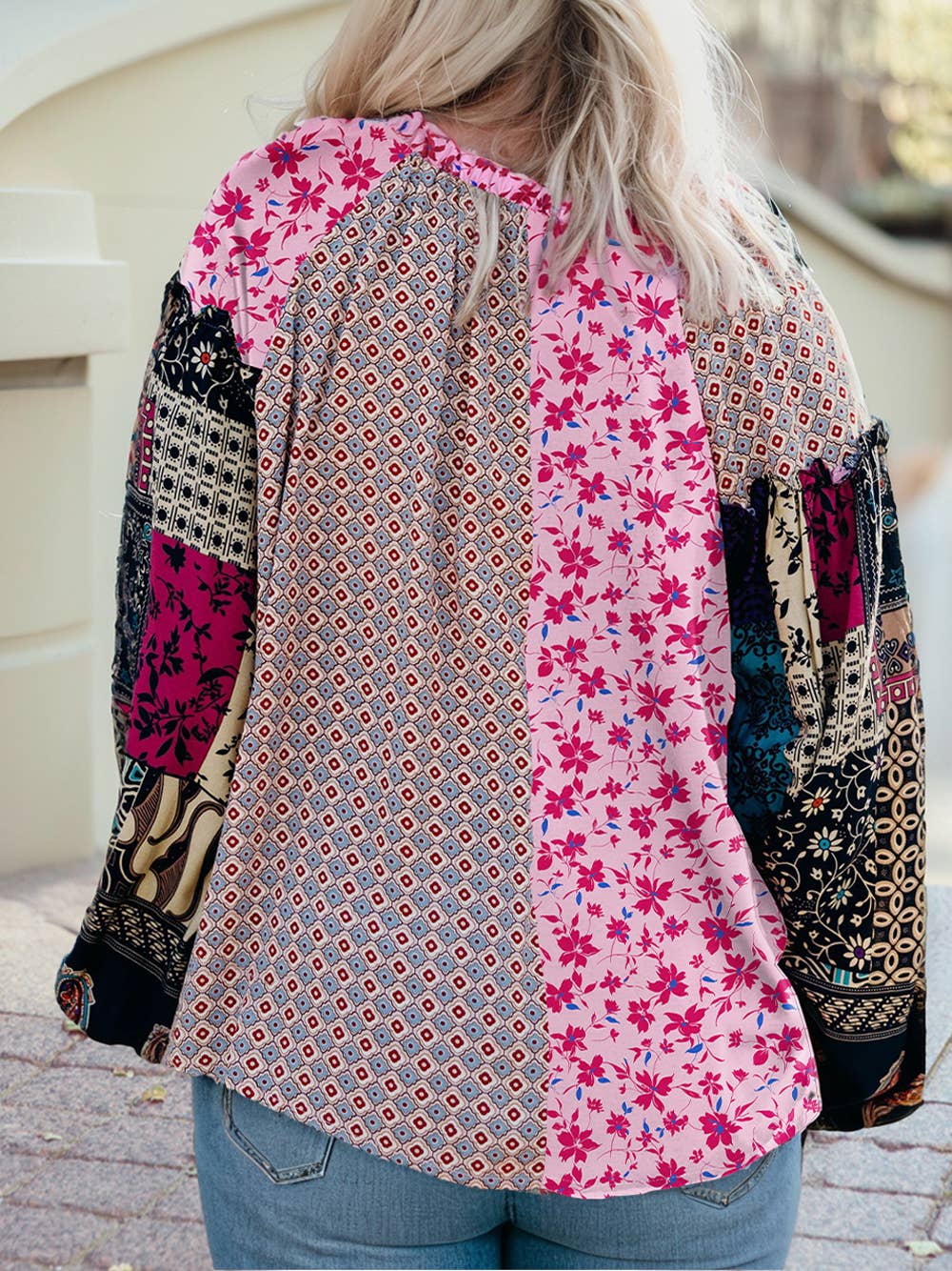Spring Boho Mixed Floral Drop Shoulder Bubble Sleeve Blouse