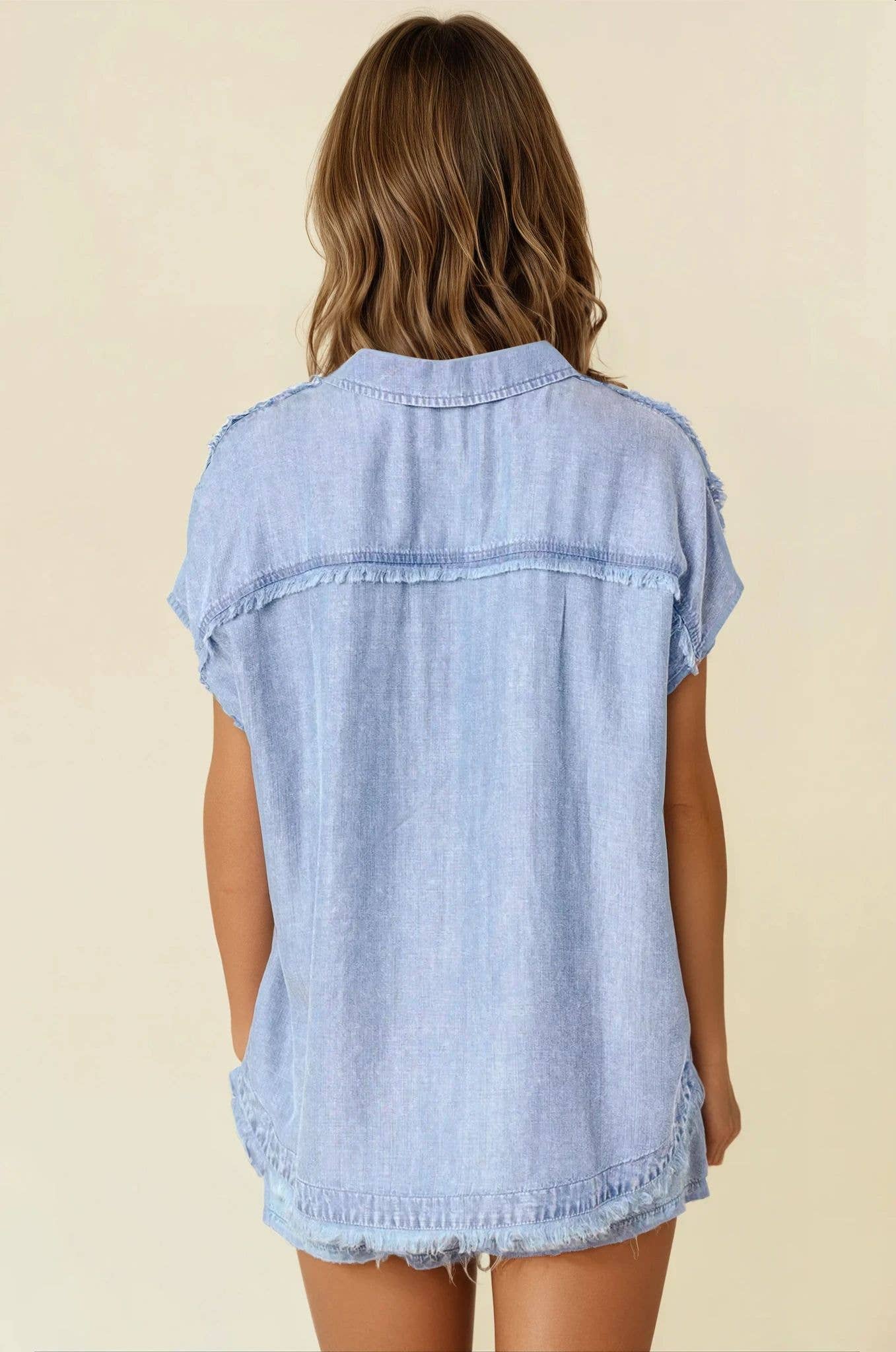 TENCEL DENIM FRAY DETAILED DOLMAN SHORT SLEEVE