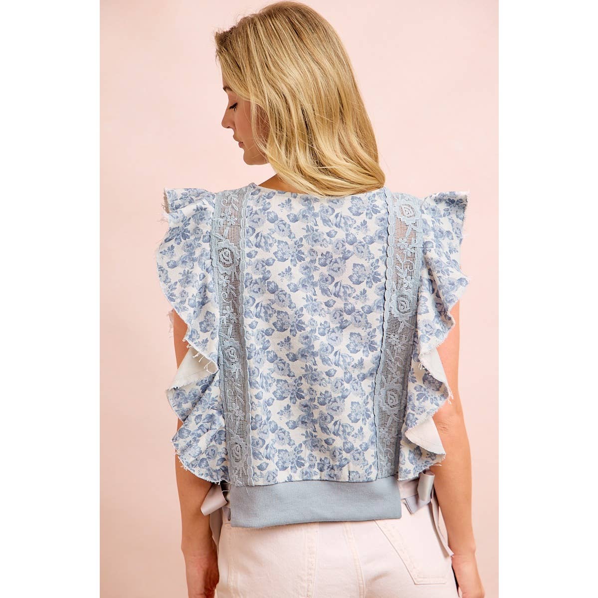 FLORAL PRINTED TWILL LACE TRIM DETAIL SIDE BOW TIED TOP