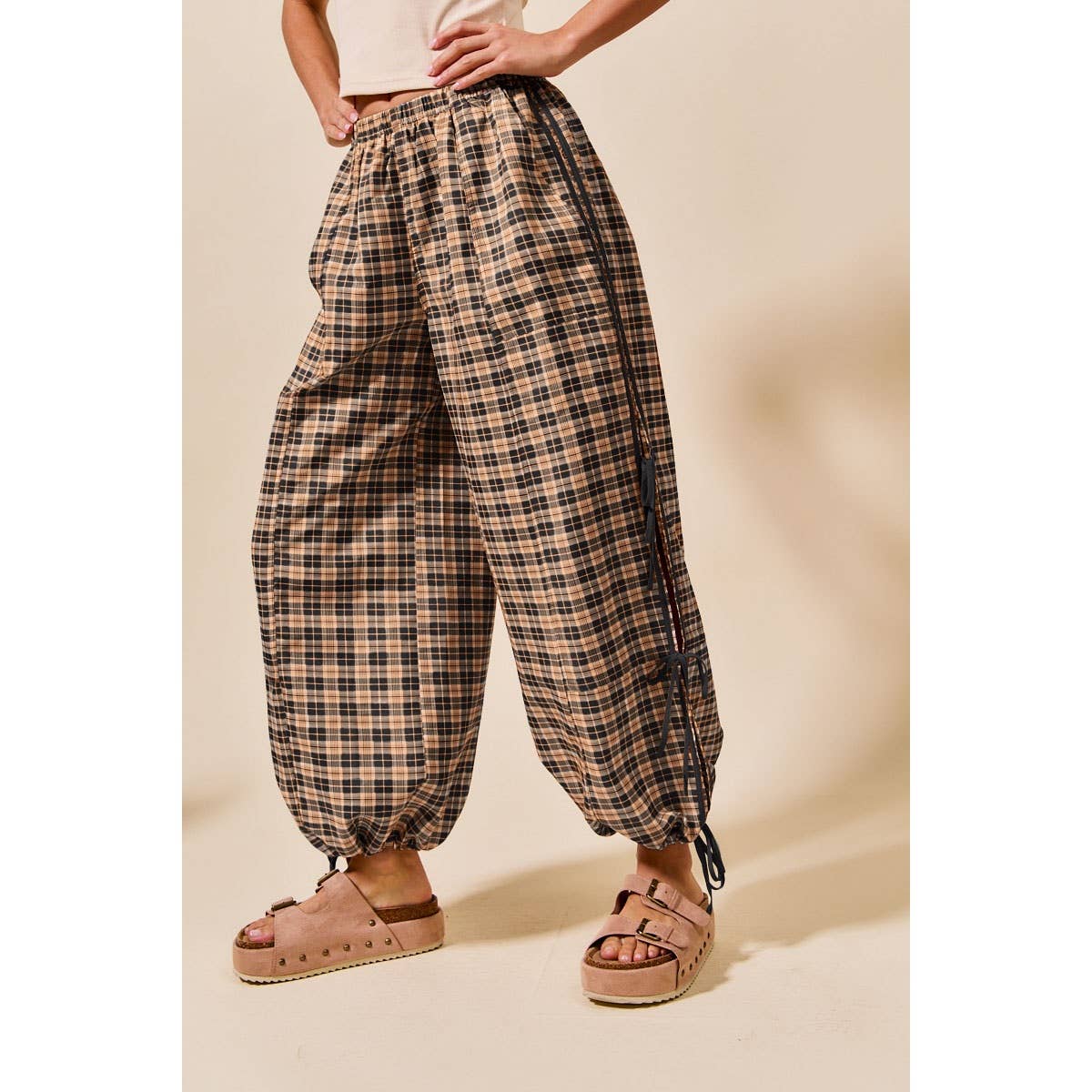 CHECKERED PLAID ELASTICIZED JOGGER TRACK PANTS