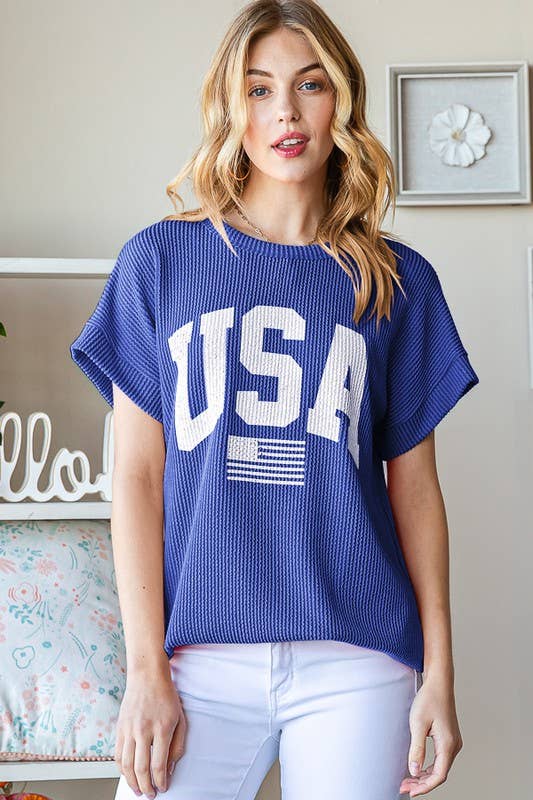 SOLID RIBBED USA LETTERING TOP