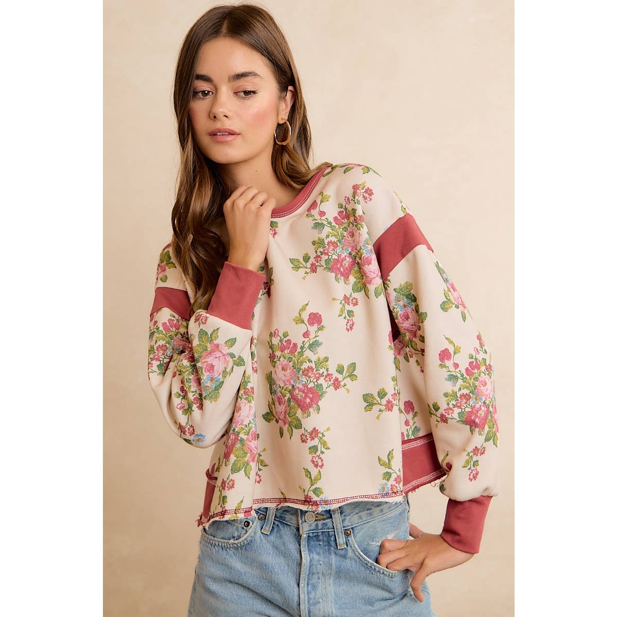 FLORAL BRUSHED TERRY OPEN BACK