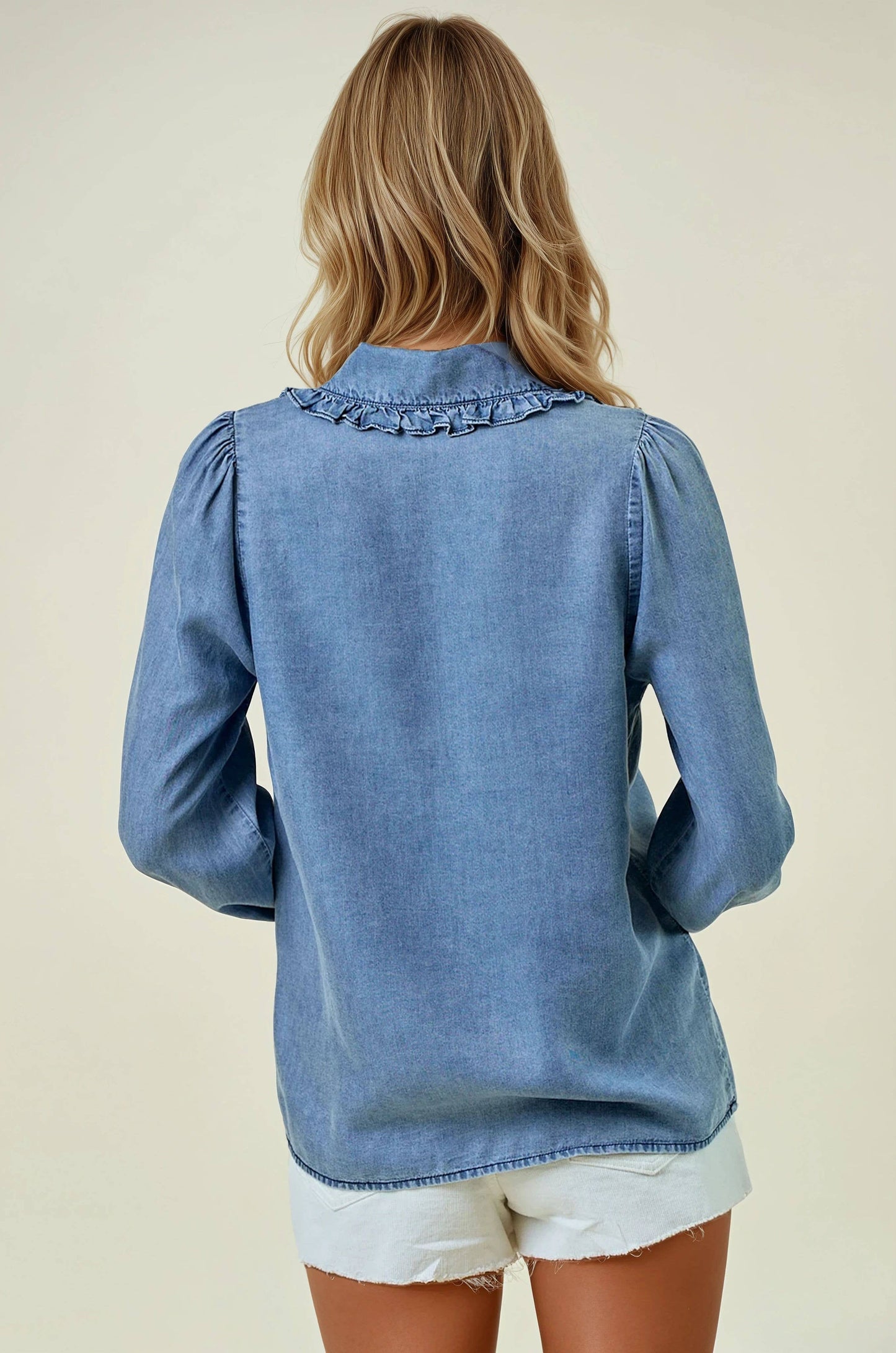 Tencel Denim Long Sleeve Button Down Shirt Blouse - 44745T