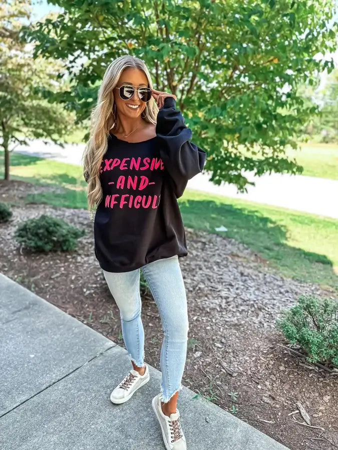 Expensive & Difficult Puff Off Shoulder Graphic Crewneck