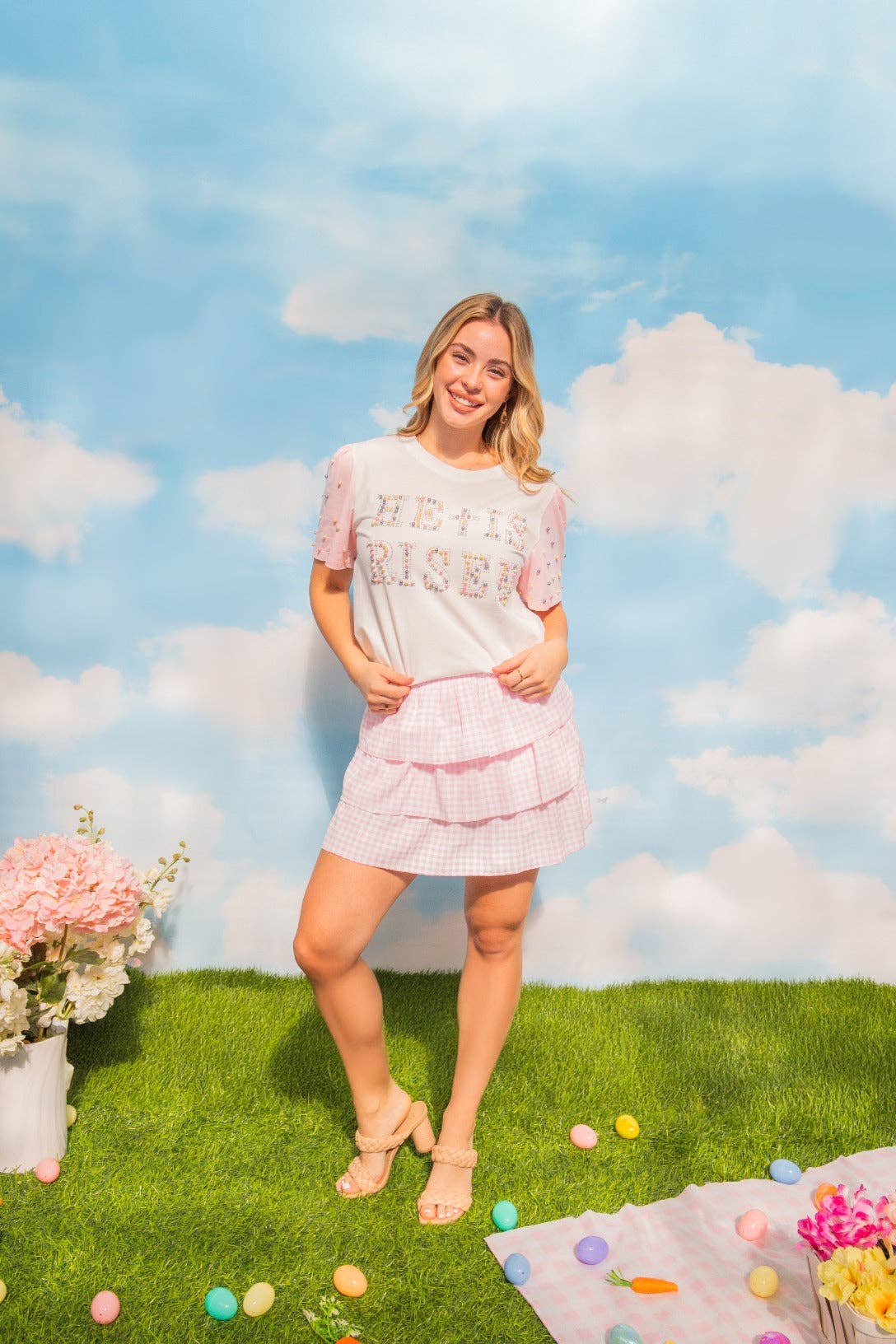 Pearl "He is Risen" on White Princess Top