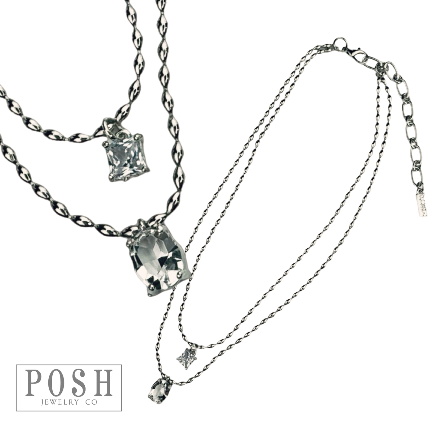 Double strand bead chain choker necklace with rhinestone pendant