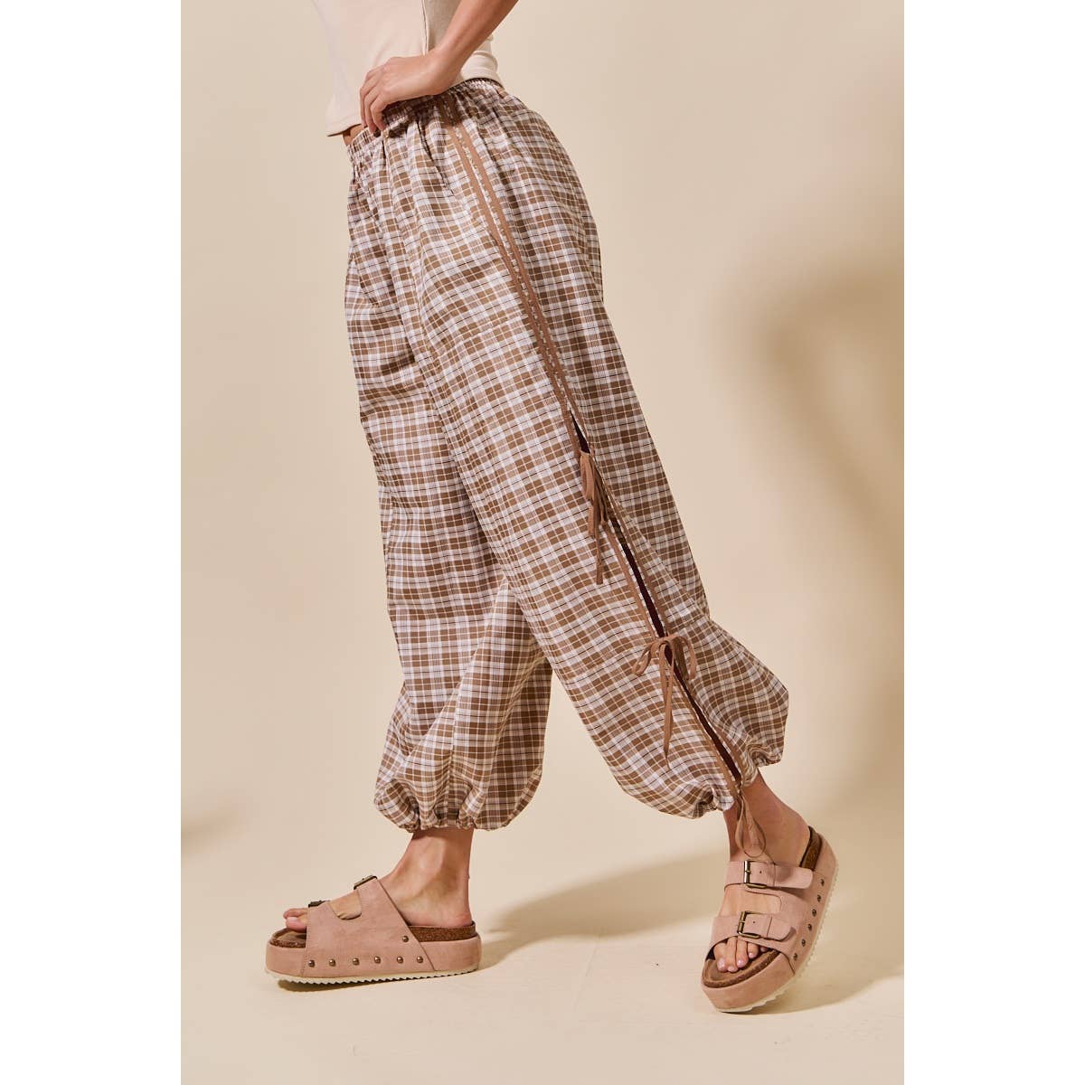 CHECKERED PLAID ELASTICIZED JOGGER TRACK PANTS