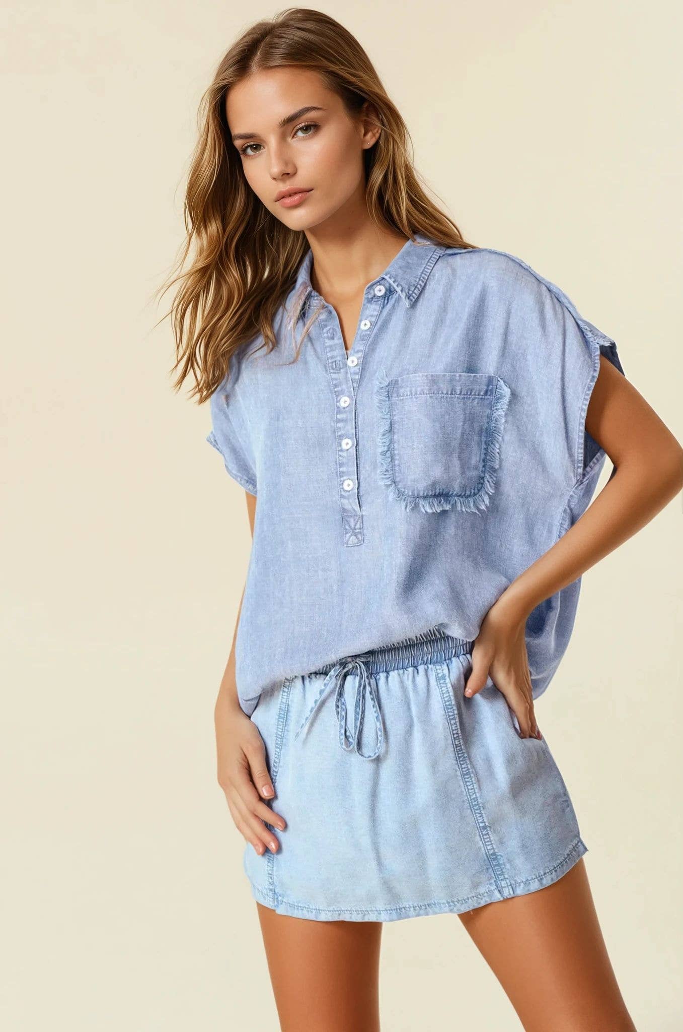 TENCEL DENIM FRAY DETAILED DOLMAN SHORT SLEEVE