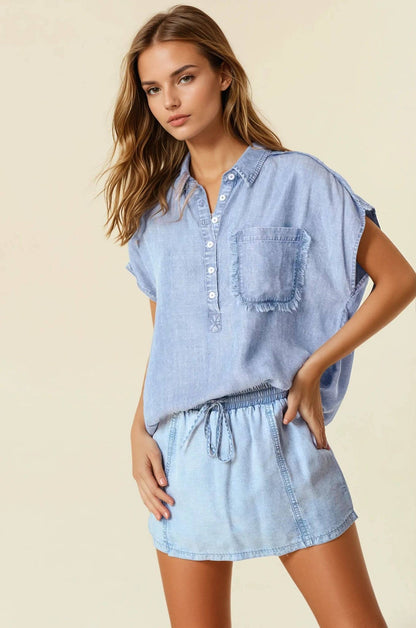 TENCEL DENIM FRAY DETAILED DOLMAN SHORT SLEEVE