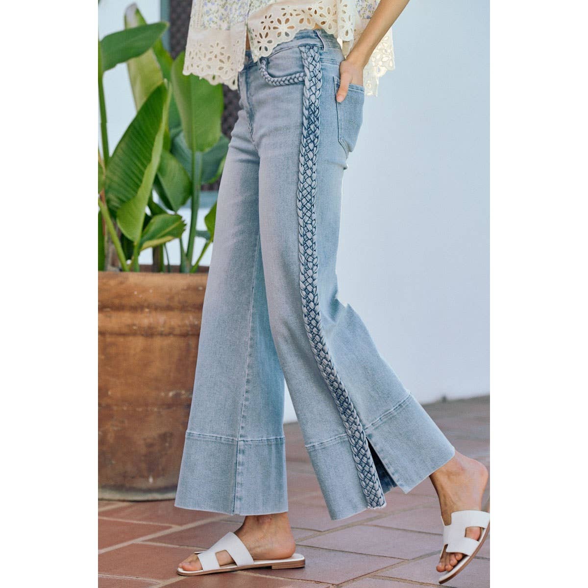 WIDE LEG FLARE DENIM JEANS WITH SIDE  BRAIDS