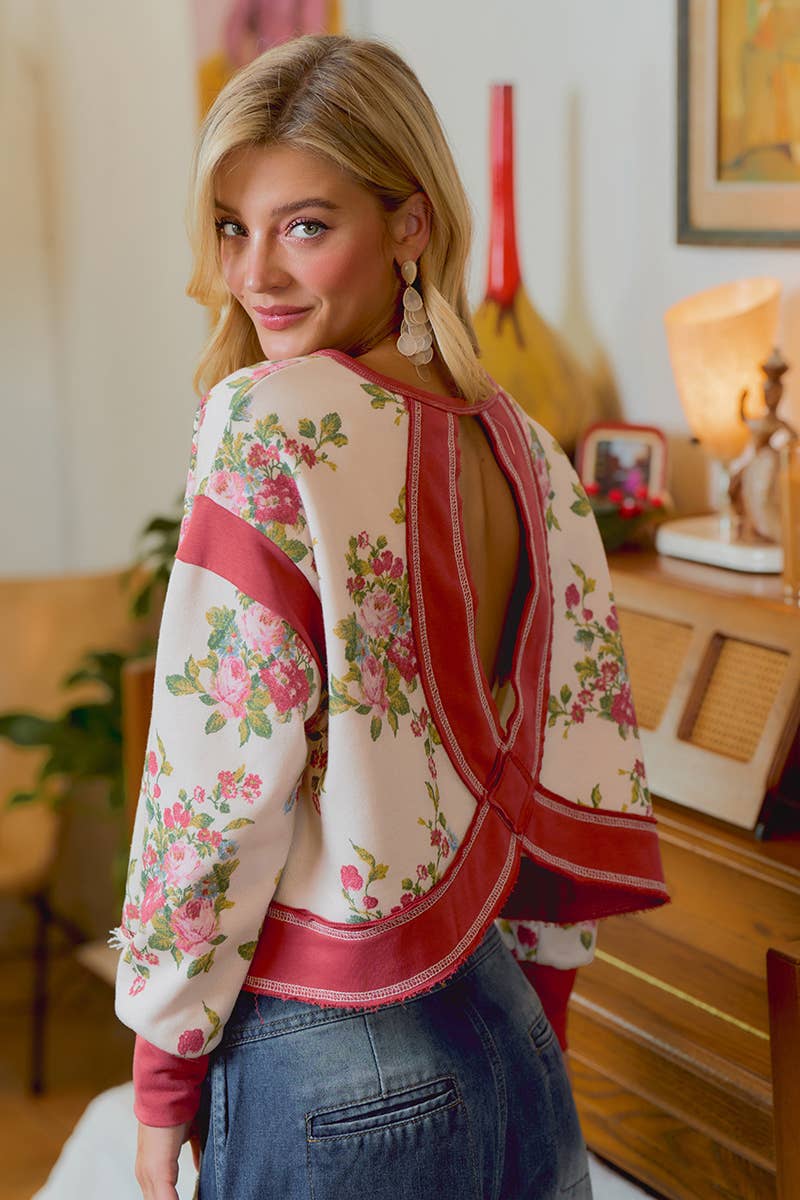 FLORAL BRUSHED TERRY OPEN BACK