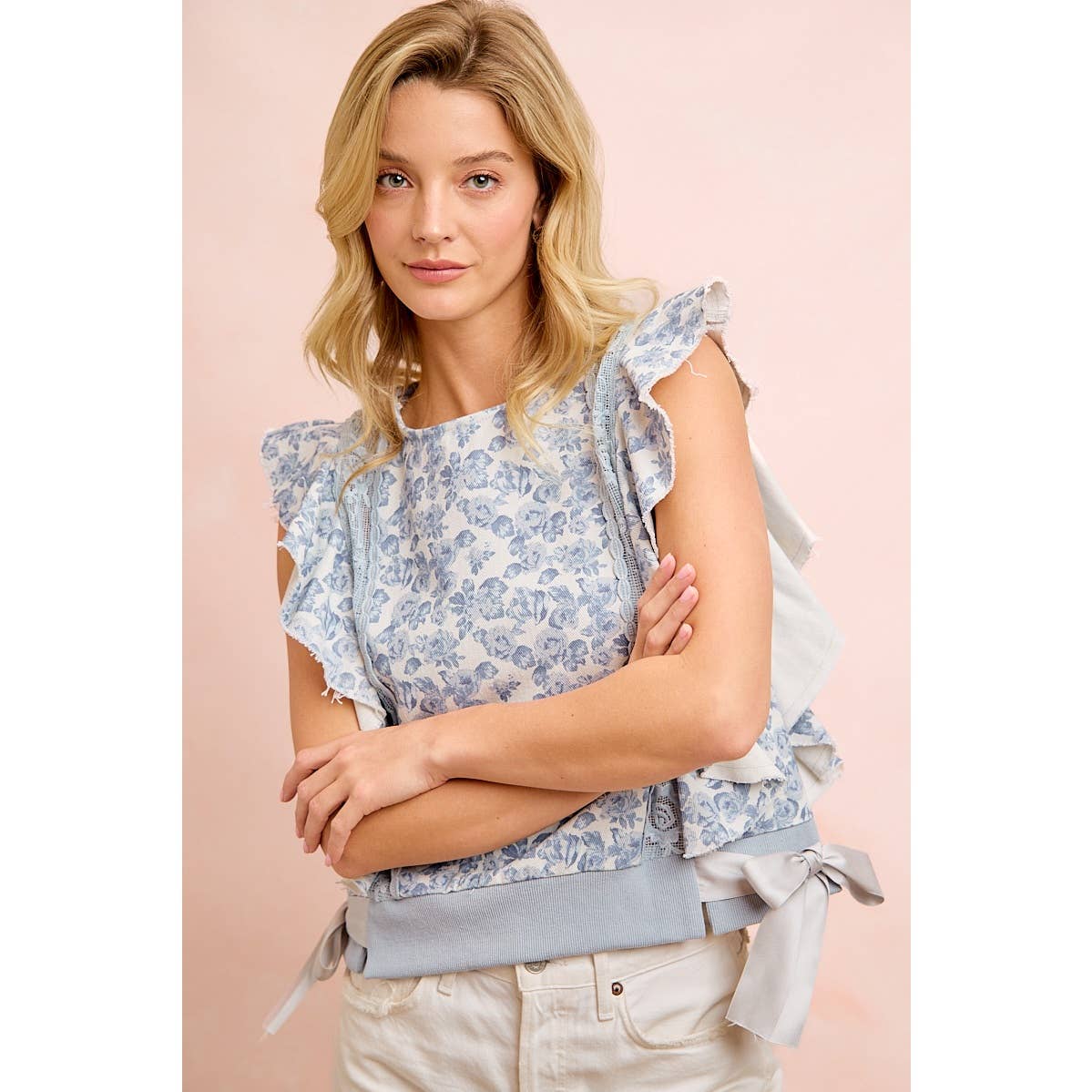 FLORAL PRINTED TWILL LACE TRIM DETAIL SIDE BOW TIED TOP
