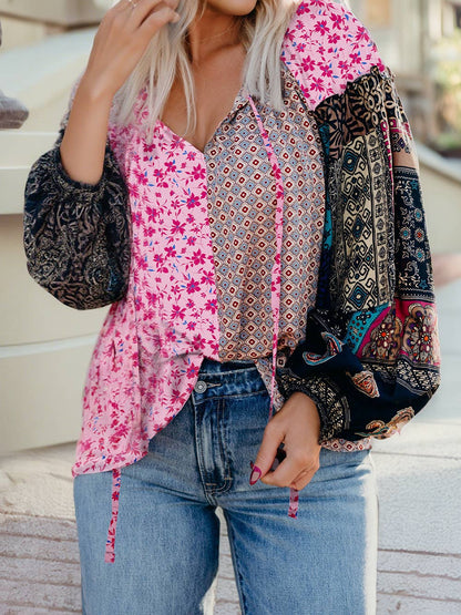 Spring Boho Mixed Floral Drop Shoulder Bubble Sleeve Blouse