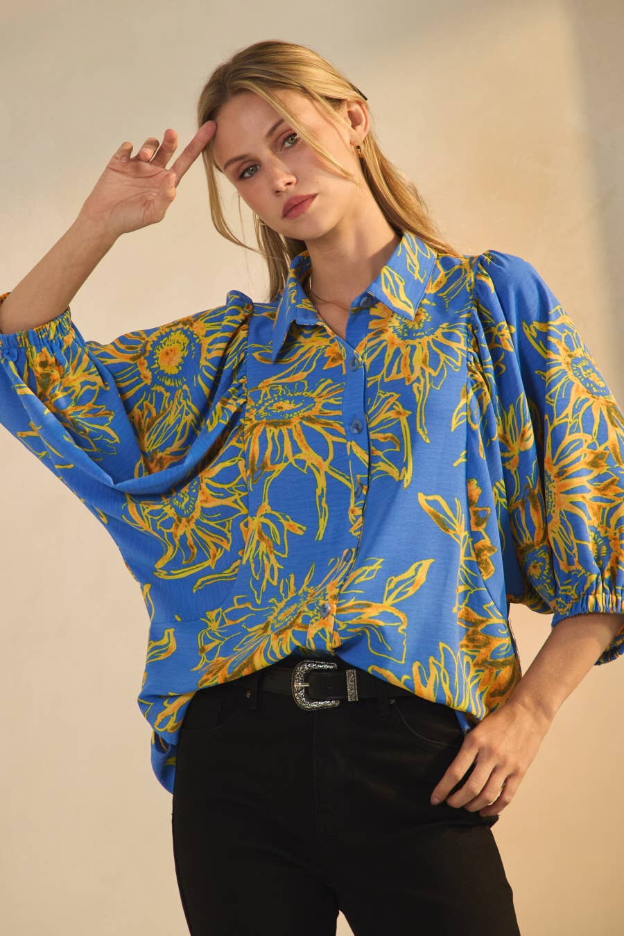 Bold Floral Printed Puff Sleeve Blouse