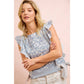 FLORAL PRINTED TWILL LACE TRIM DETAIL SIDE BOW TIED TOP