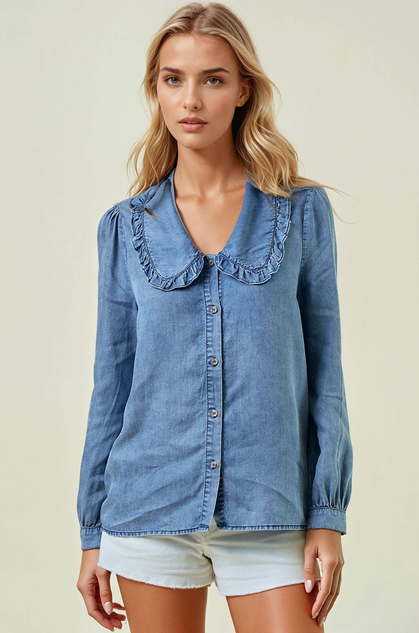 Tencel Denim Long Sleeve Button Down Shirt Blouse - 44745T