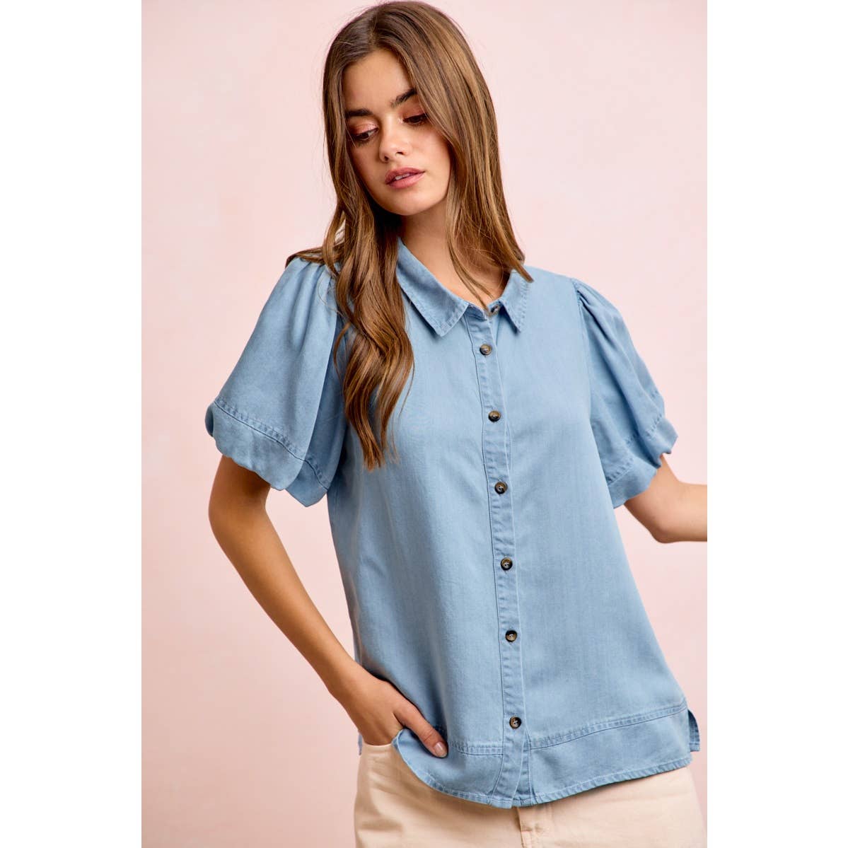 PUFF SLEEVES WASHED TENCEL SHIRT TOP