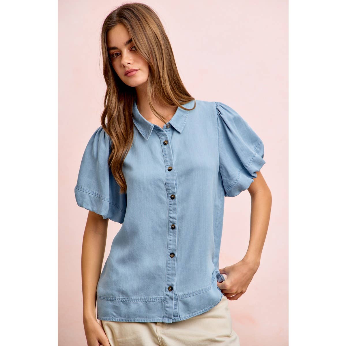 PUFF SLEEVES WASHED TENCEL SHIRT TOP