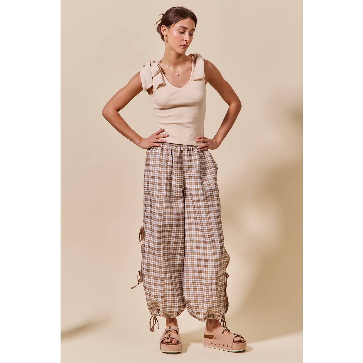 CHECKERED PLAID ELASTICIZED JOGGER TRACK PANTS