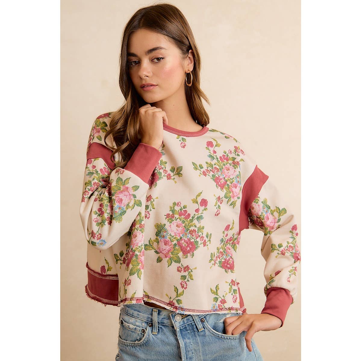 FLORAL BRUSHED TERRY OPEN BACK