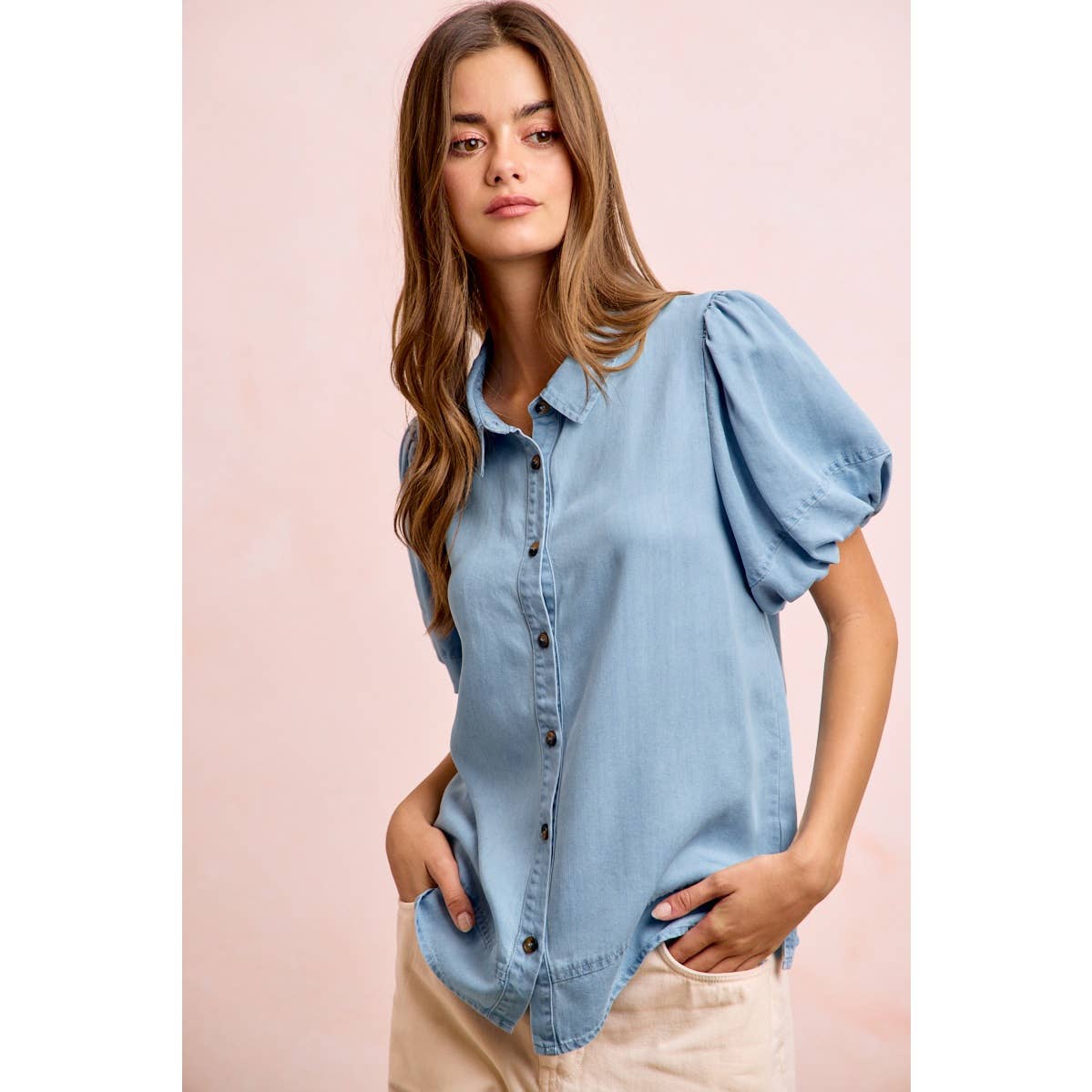 PUFF SLEEVES WASHED TENCEL SHIRT TOP