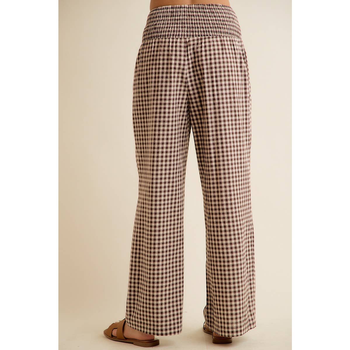GINGHAM SMOCKED WAIST WIDE LEG PANTS