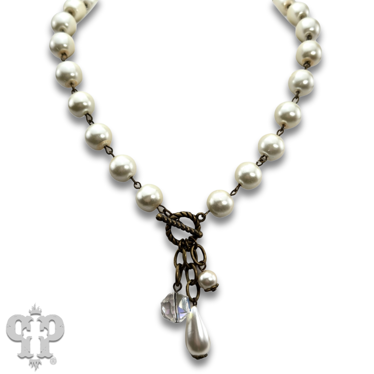 Linked glass pearl necklace with bead charms