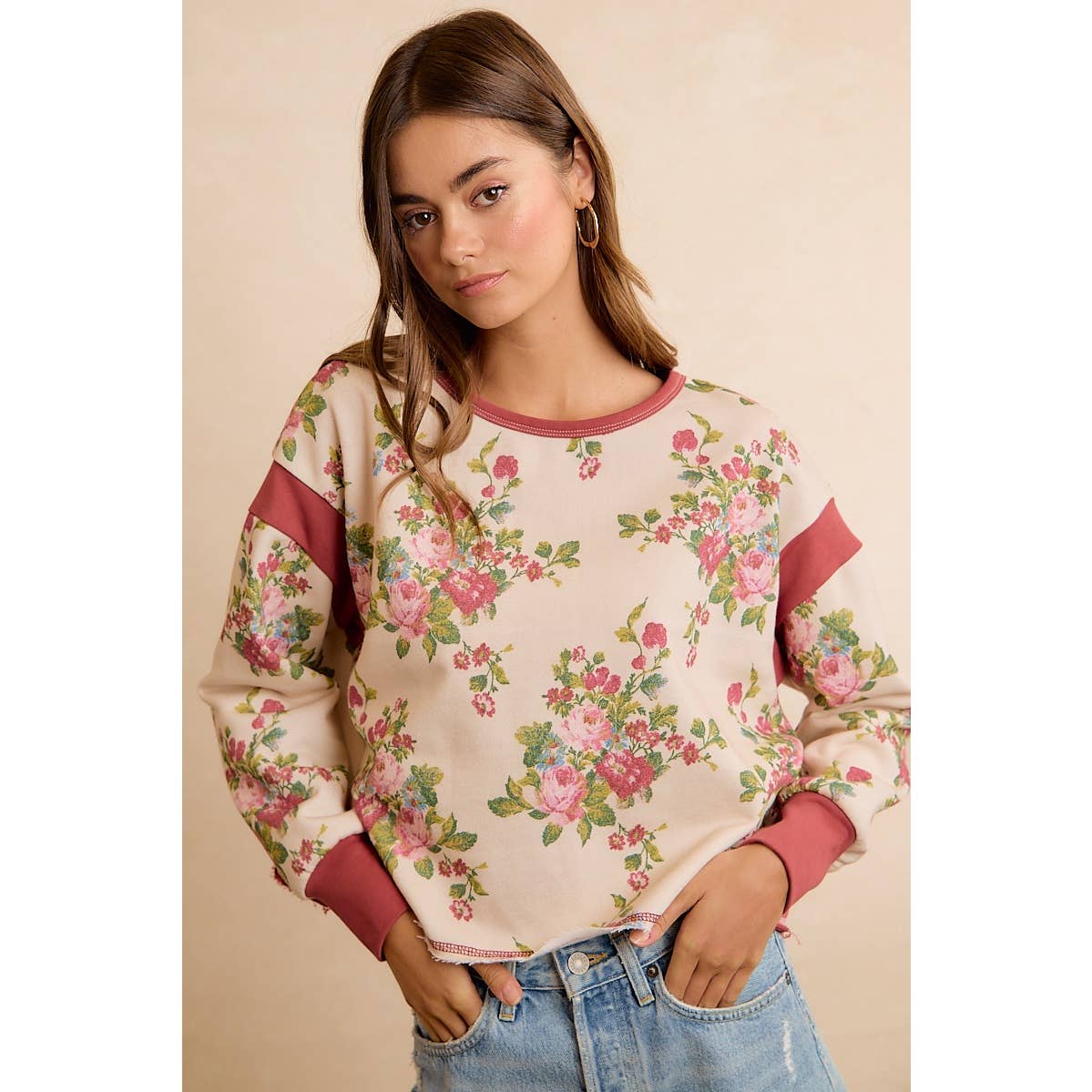 FLORAL BRUSHED TERRY OPEN BACK