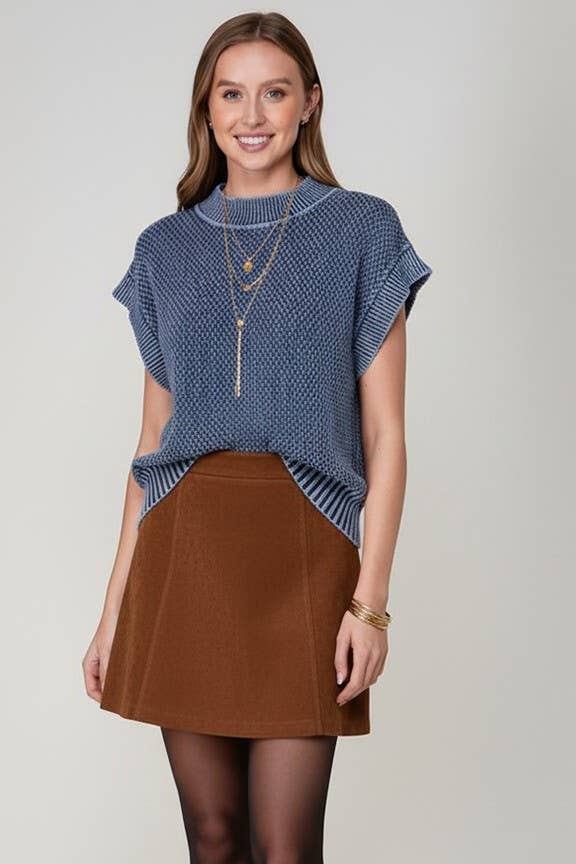 Cap Sleeve Round Neck Mineral Wash Sweater