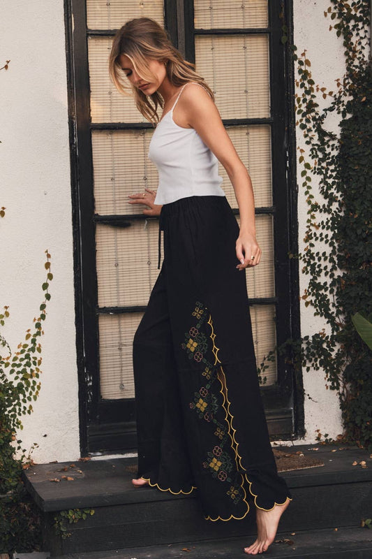 Embroidered Wide-leg Pants