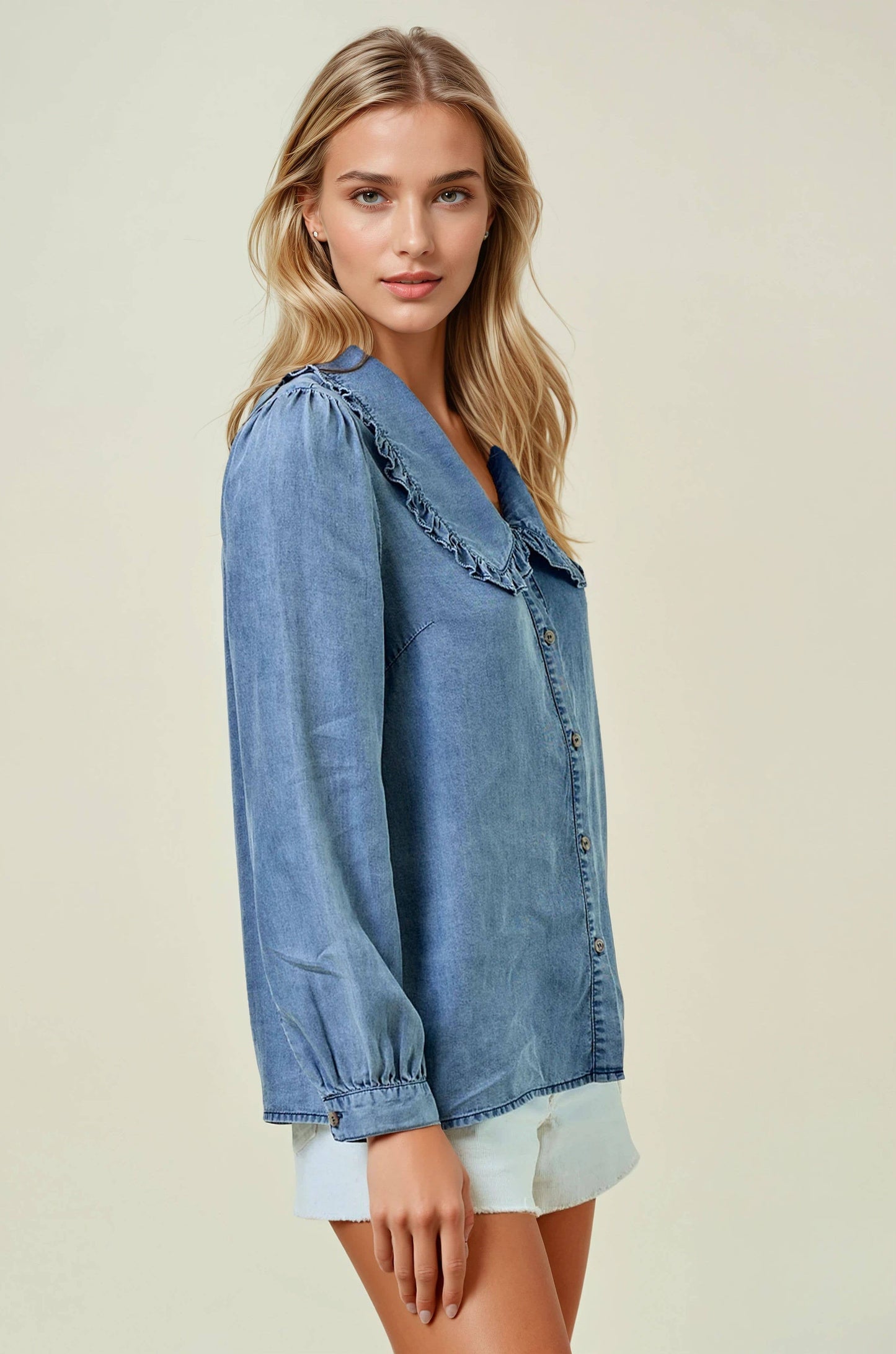 Tencel Denim Long Sleeve Button Down Shirt Blouse - 44745T