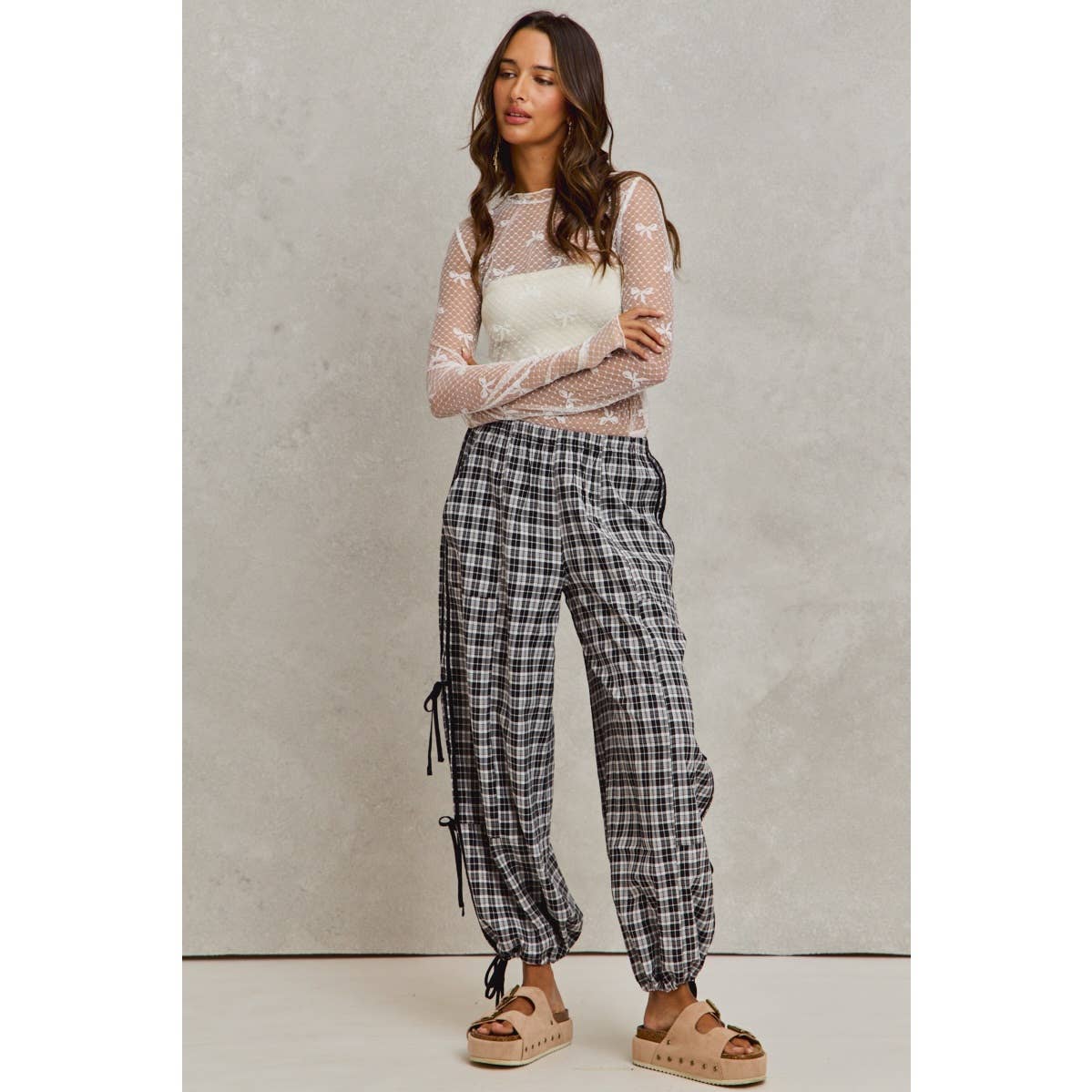 CHECKERED PLAID ELASTICIZED JOGGER TRACK PANTS