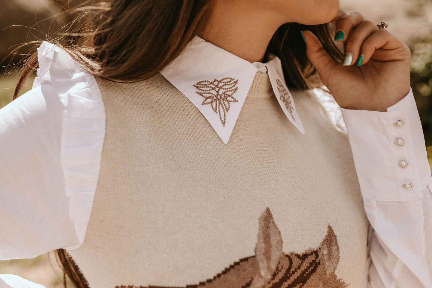 Horse Sweater Dress w/Faux White Ruffled Oxford Dress