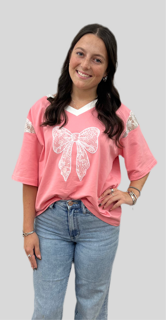 LACE EMBROIDERED RIBBON PATCH SHORT SLEEVE TOP