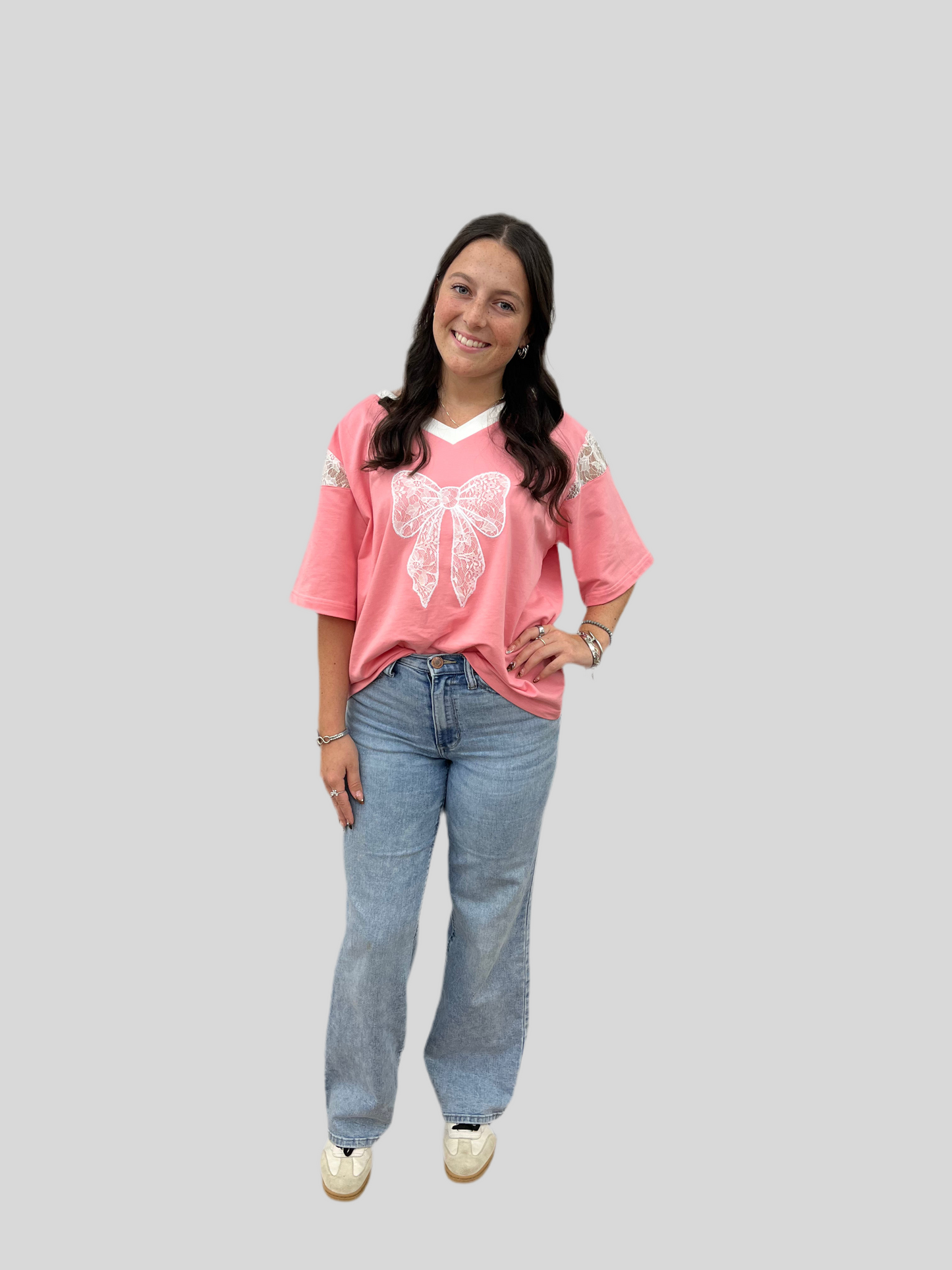 LACE EMBROIDERED RIBBON PATCH SHORT SLEEVE TOP