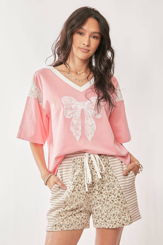 LACE EMBROIDERED RIBBON PATCH SHORT SLEEVE TOP