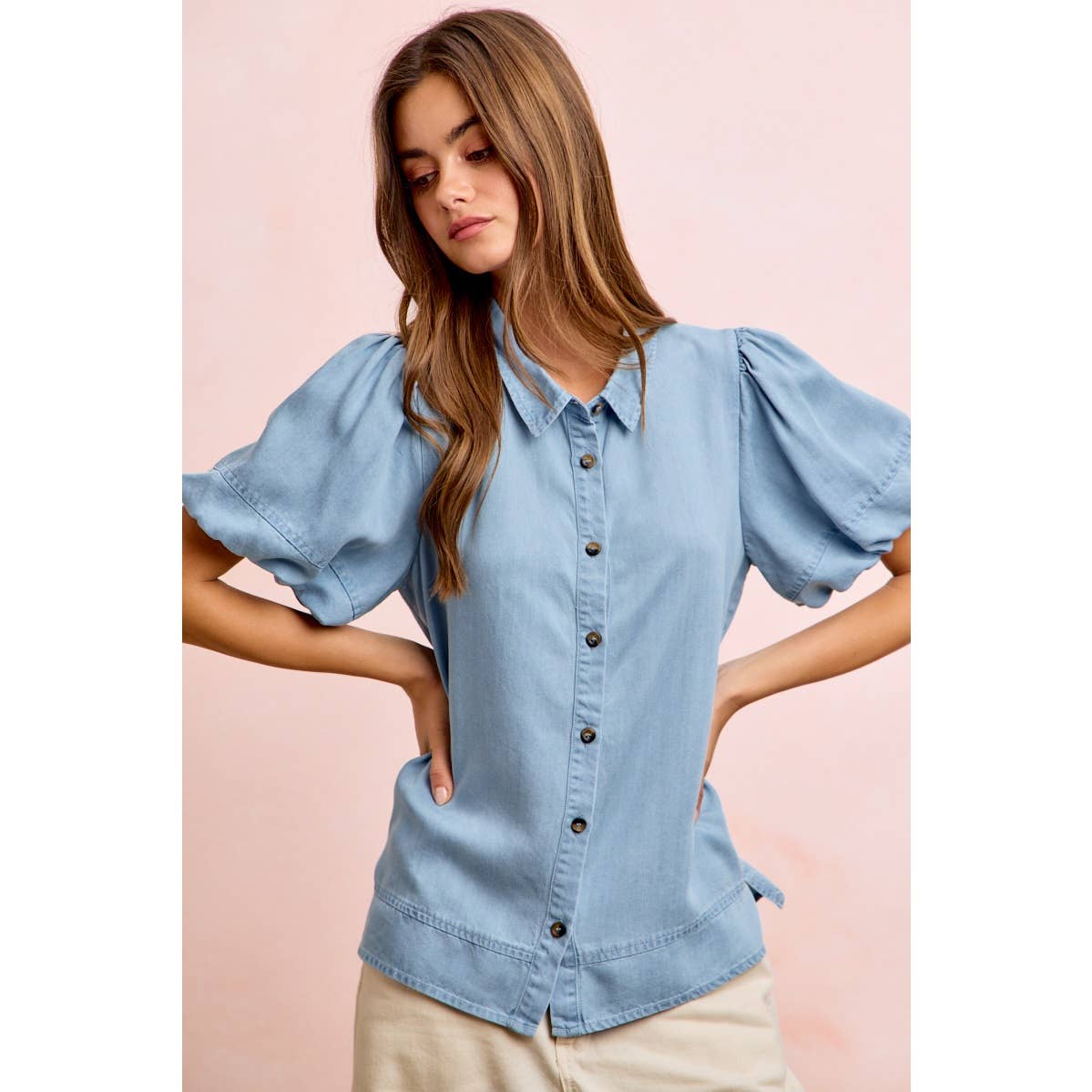 PUFF SLEEVES WASHED TENCEL SHIRT TOP